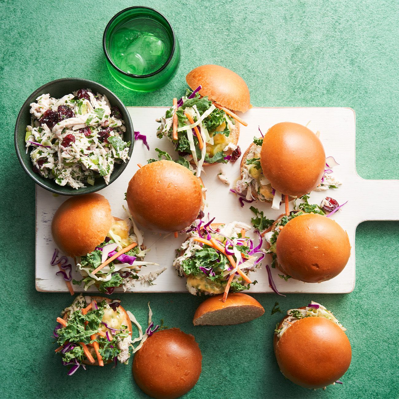 Shredded chicken, cranberry and kaleslaw burgers